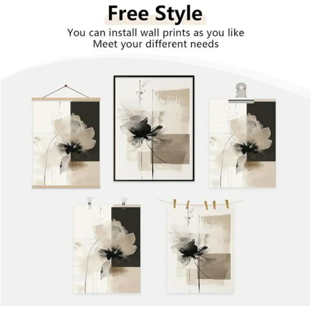 Modern abstract floral wall art neutral beige black canvas prints set of 2 decor